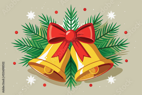 Festive Christmas Bells with Red Bow and Evergreen Branches Illustration