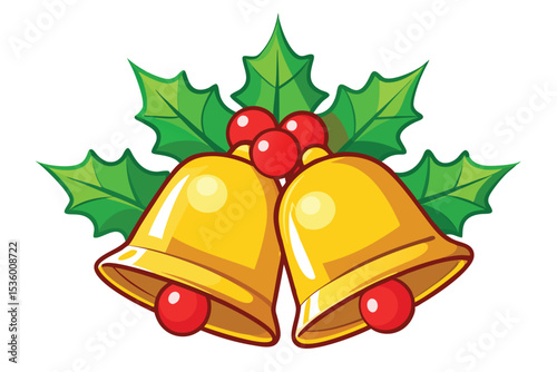 Festive Christmas Bells with Holly Leaves and Berries Illustration