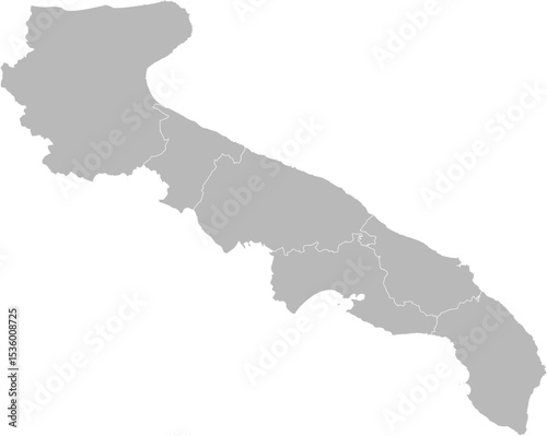 Apulia (Puglia), Italy – administrative vector map with province and city boundaries (Web Mercator projection, PPT-compatible & fully editable)