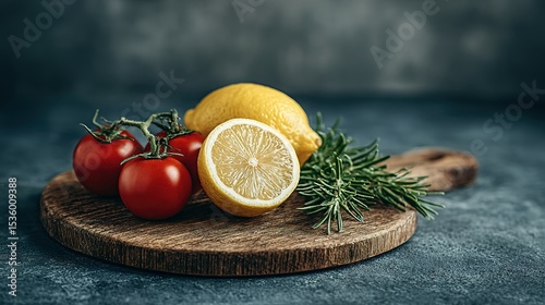 Fresh tomatoes, lemon, and rosemary on a wooden cutting board.