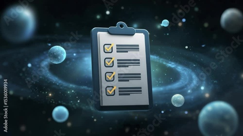 Clipboard with Check Marks Floating in Space against a Galaxy Background