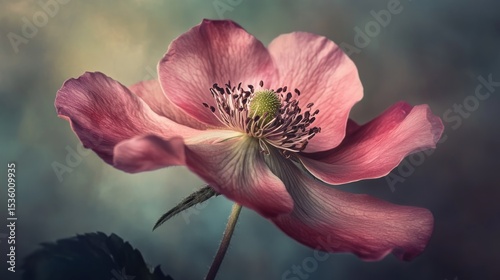 Pink anemone flower macro photography with soft lighting and artistic blur