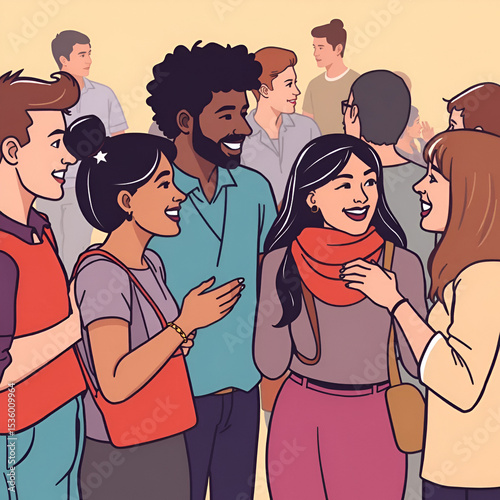 People eagerly mingling and chatting despite their cultural and linguistic differences.. Vector illustration