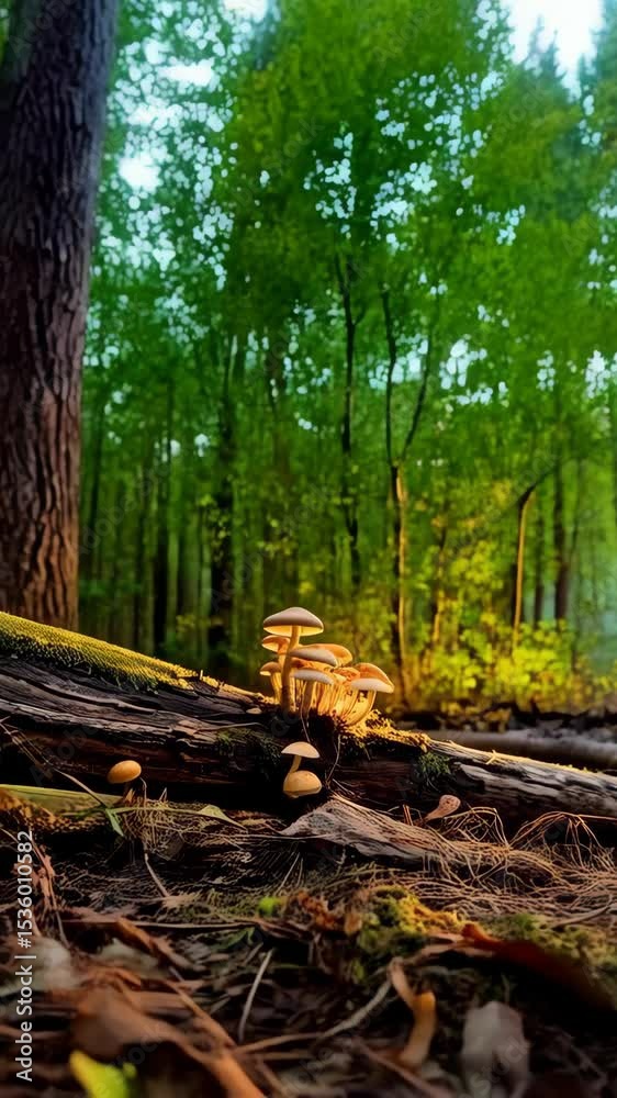 Forest floor with illuminated mushrooms growing on a decaying log during a vibrant sunset casting bright rays through trees Forest floor with illuminated mushrooms growing on a decaying log during a vibrant sunset casting bright rays through trees