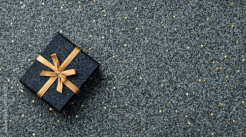 Dark gray gift box with gold ribbon on a glittering gray surface.