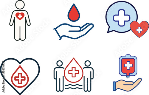 Blood Donation Icons Set – Medical Help, Health Care, Charity Vector Symbols