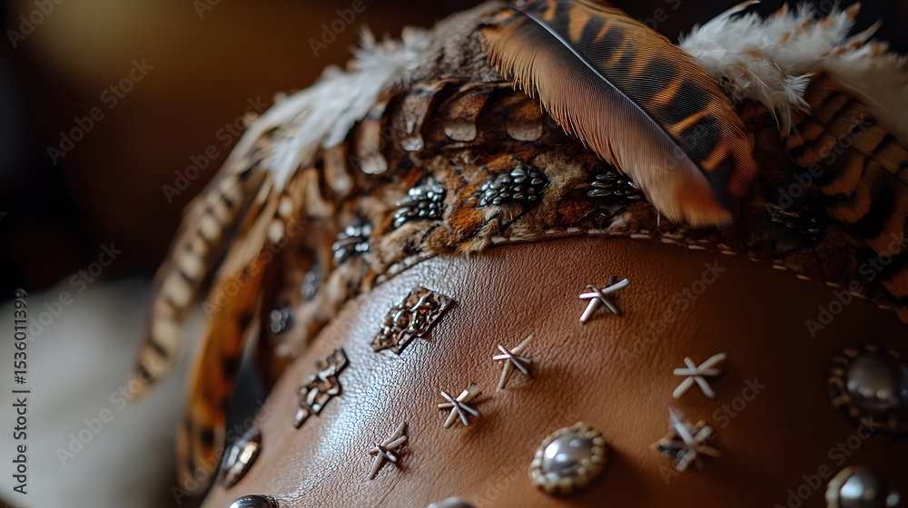 Fototapeta premium Ornate leather headpiece adorned with feathers and metallic embellishments.