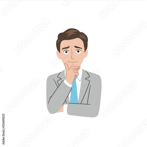 Thoughtful businessman gray suit light blue tie hand chin