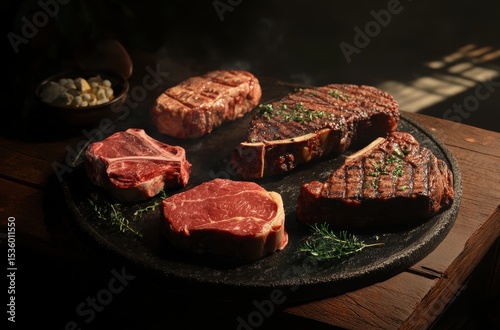 Tasty steak dishes featuring different cooking styles: rare, medium, and wel