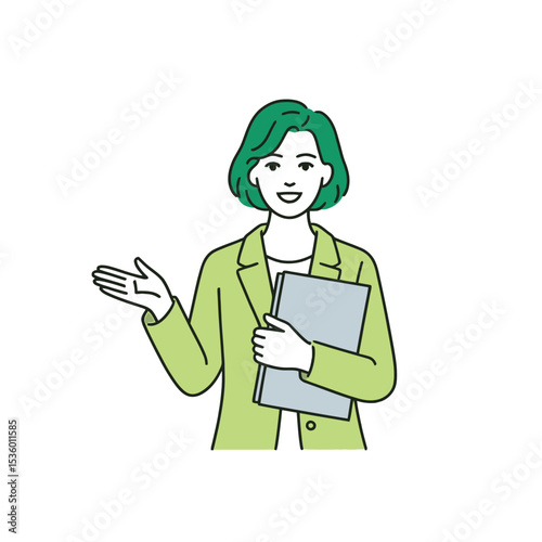 Smiling woman green jacket holding folder gesturing