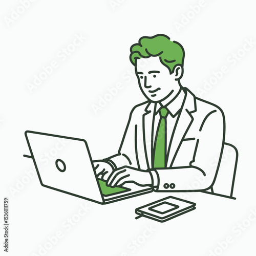 Greenhaired businessman laptop work desk notepad person