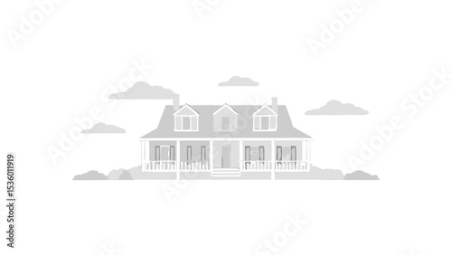 Illustration of a two story house with a porch and dormers under a cloudy sky in monochrome style