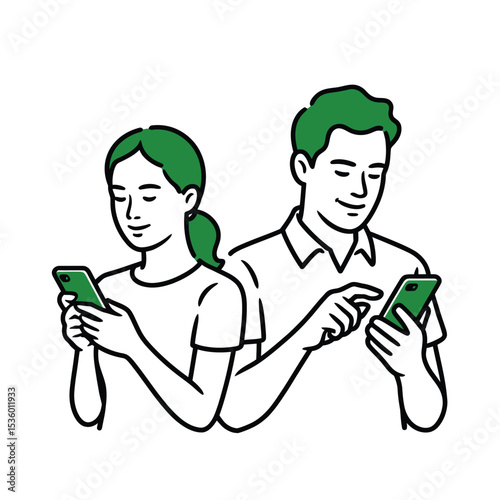 Green Hair Man Woman Smartphones Line Art Illustration