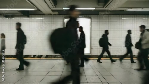 Blurred Commuters Walking Past a White Advertising Display in a Subway Station