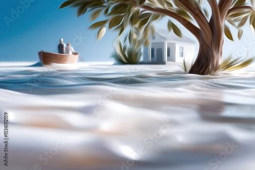 Miniature People in a Boat Navigating Flooded House