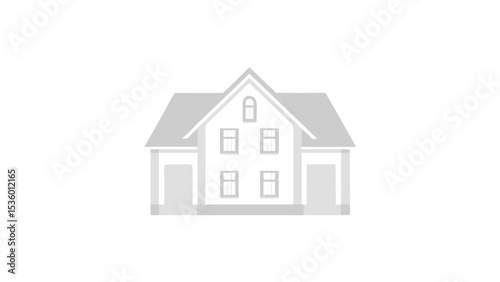 Illustration of a two story house with a gable roof and two garages in a light gray color scheme