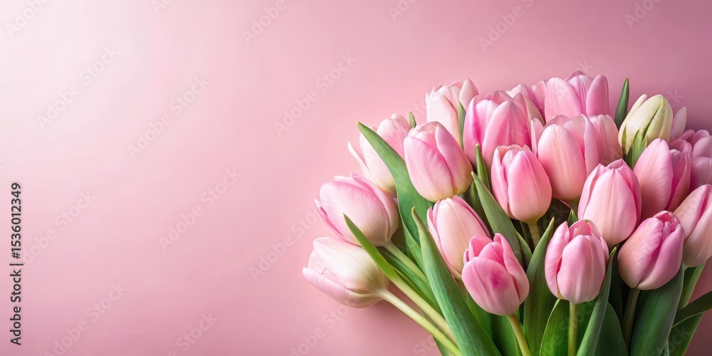 Fototapeta premium Delicate pink tulips arranged in a spring bouquet against a soft pastel pink background