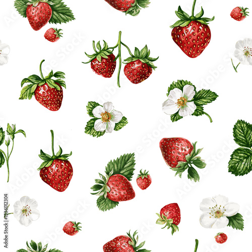  vector seamless pattern with vintage strawberry branch with berries, leaves and flowers. Isolated on white

