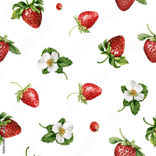  vector seamless pattern with vintage strawberry branch with berries, leaves and flowers. Isolated on white
