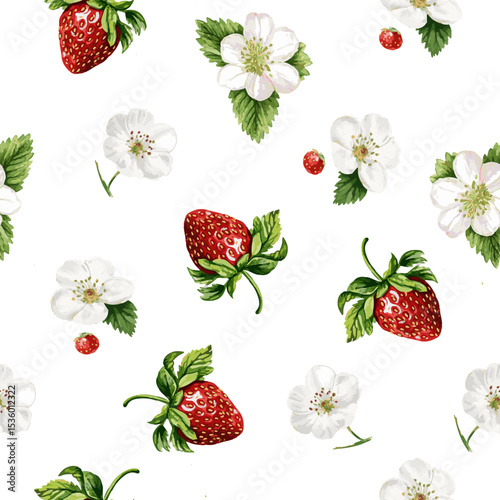  vector seamless pattern with vintage strawberry branch with berries, leaves and flowers. Isolated on white
