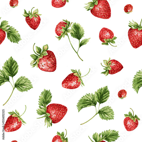  vector seamless pattern with vintage strawberry branch with berries, leaves and flowers. Isolated on white
