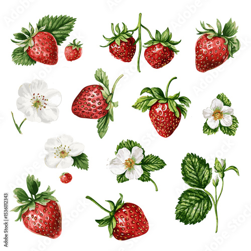 Strawberry vector, watercolor. Set of summer strawberry elements.