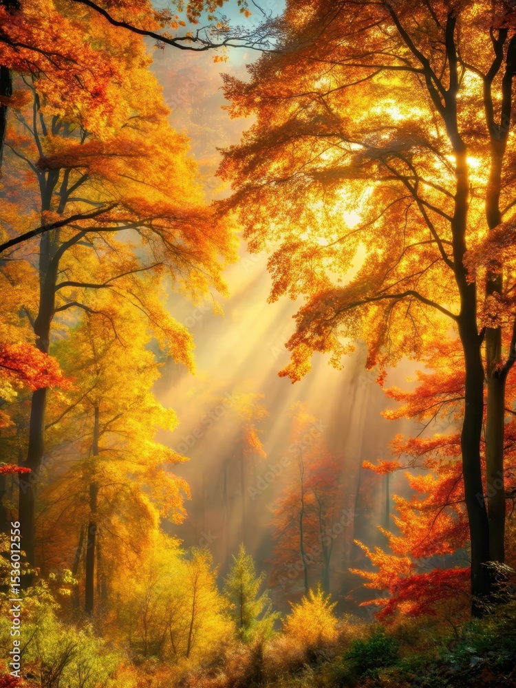 Fototapeta premium Warm golden light spreads across the misty autumn forest