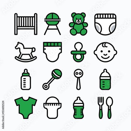 Green and White Baby Icons Collection Crib Toy Bottle Diaper