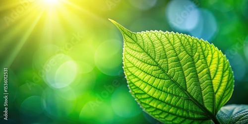 Detailed image of a lush green leaf against a soft focus blur background with morning sunlight filtering through the leaves in the spring season