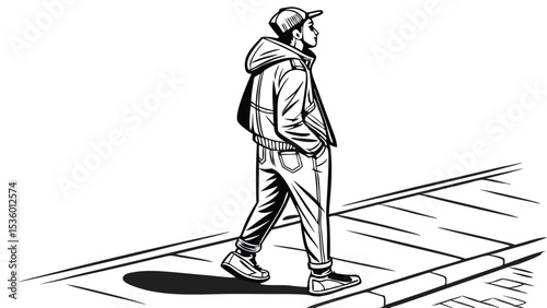 A monochrome drawing of a man in a jacket and cap walking on a sidewalk with his hands in his pockets