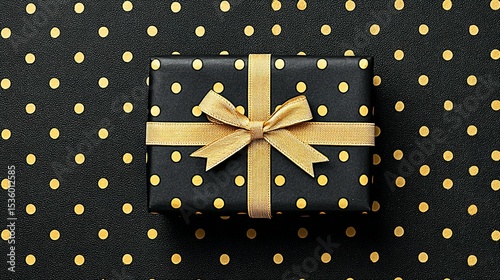 Gift wrapped in black paper with gold polka dots and ribbon.