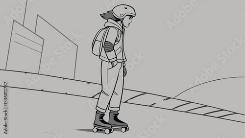 A person with a helmet and backpack roller skating on a street with buildings in the background view side
