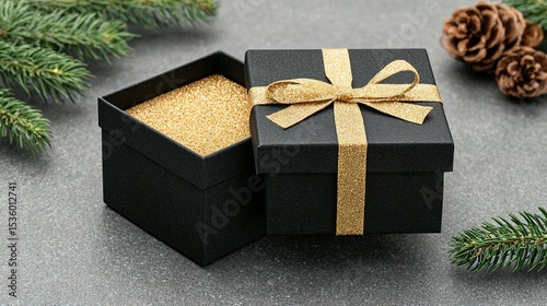Black gift box with gold glitter ribbon on a gray surface.