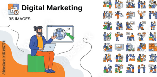 Social Media Marketing illustrations. Mega set. Collection of scenes with men and women taking part in business activities. Trendy vector style