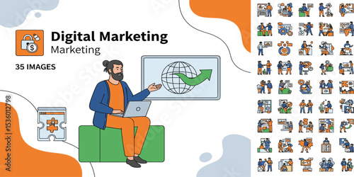 Social Media Marketing illustrations. Mega set. Collection of scenes with men and women taking part in business activities. Trendy vector style