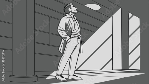 Man in suit looking up in a building with light shining through the windows in a grayscale illustration