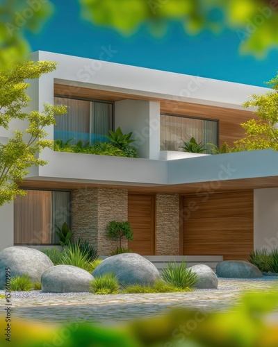 Modern White and Wood Two Story House with Stone Accents