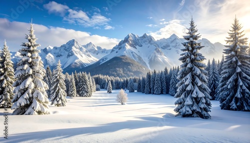 Snowy mountain landscape at sunrise (1)