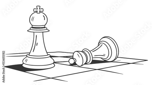 Standing king chess piece next to fallen queen piece on a chessboard in black and white outline style