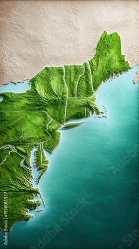 New England Topographic Map with Green Terrain and Blue Ocean