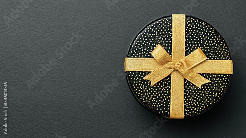 Round gift box with gold ribbon.