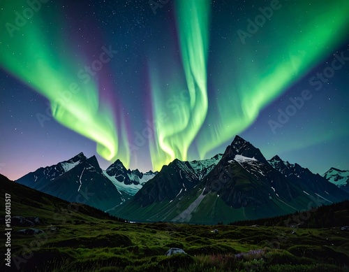 Majestic aurora borealis over snow-capped peaks