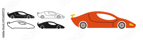 Sport Car icon symbol cartoon set. Hand drawn cute automobile sports car in multiple styles colored, silhouette, outline kid collection. Simple children funny auto transport icon vector illustration