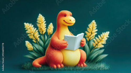 Orange and Yellow Cartoon Dinosaur Reading a Book Amidst Yellow Plants