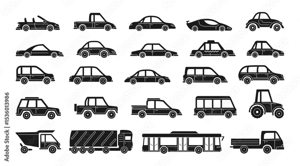 Obraz premium Car hand drawn style set. Silhouette and linear cute different shape transport pickup, bus tractor truck collection. Simple icon car illustration for children textile cloth, poster vector illustration