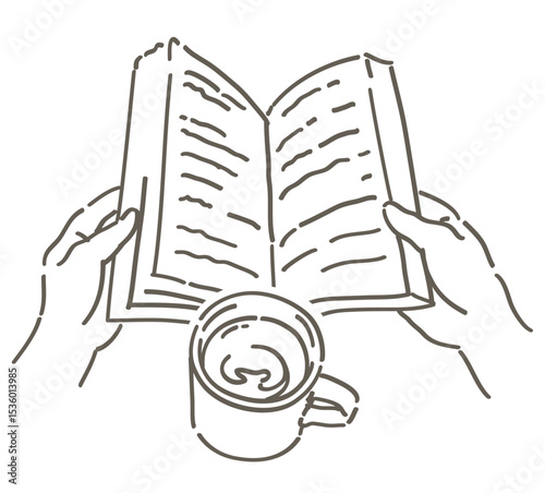 本を持つ手と、コーヒーのイラスト。ベクターイラスト素材。