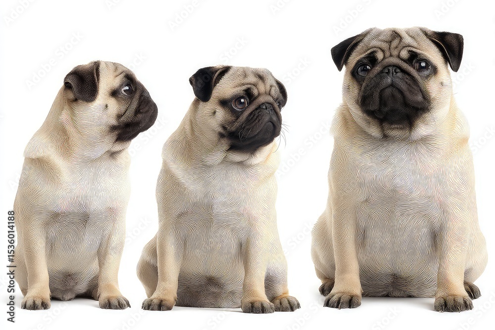 Fototapeta premium Collection of pug dog in playful poses, lying positions highlighting expressions and charming personality isolated on white background