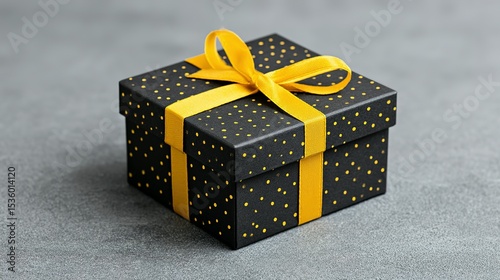 Gift box with yellow ribbon and black polka dots.