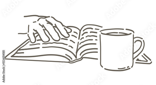 本に置く手と、コーヒーのイラスト。ベクターイラスト素材。