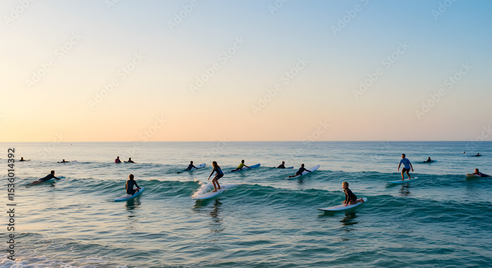 Naklejka premium Sunrise Surf Lesson Group Surfing Session at Dawn